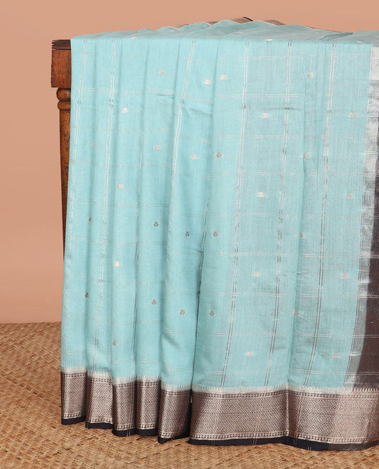 Pale blue buttas enclosed checked assam silk saree, contrast traditional zari border, and pallu of zari design