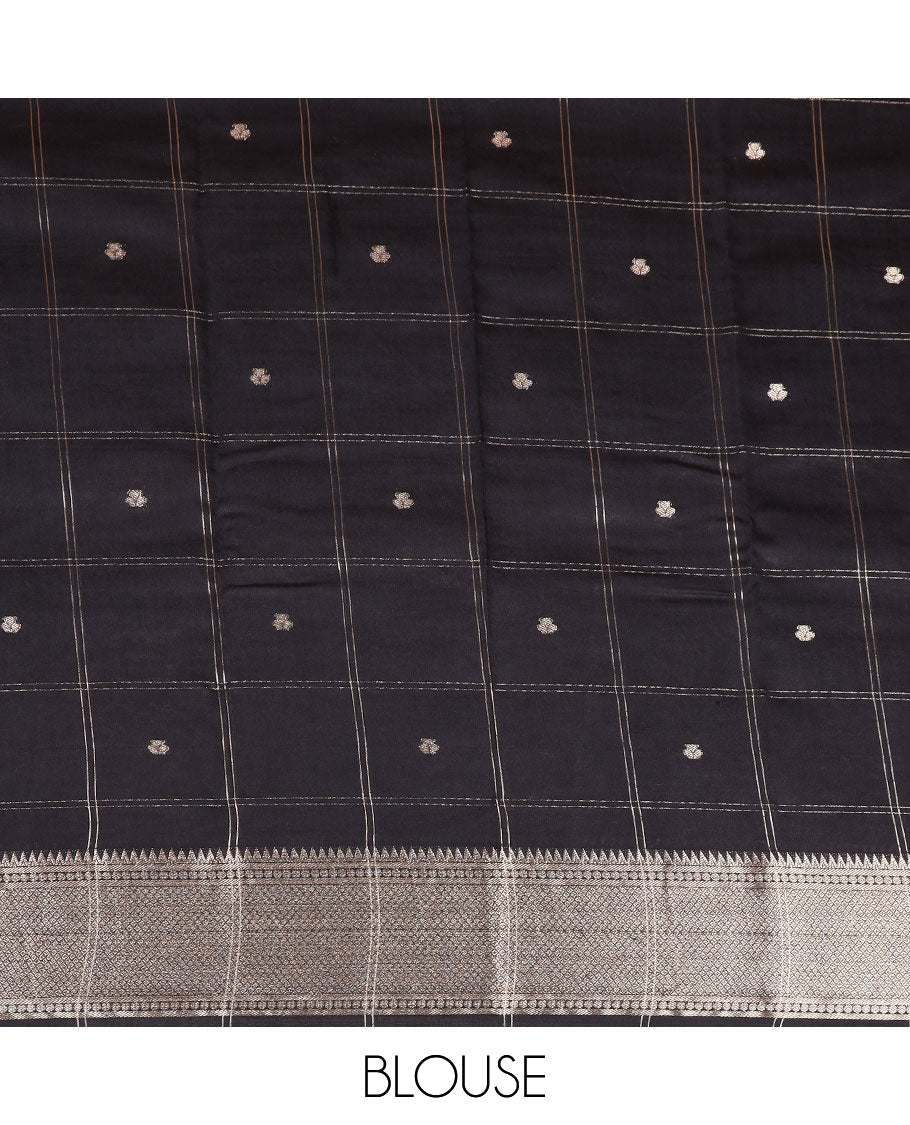 Pale blue buttas enclosed checked assam silk saree, contrast traditional zari border, and pallu of zari design