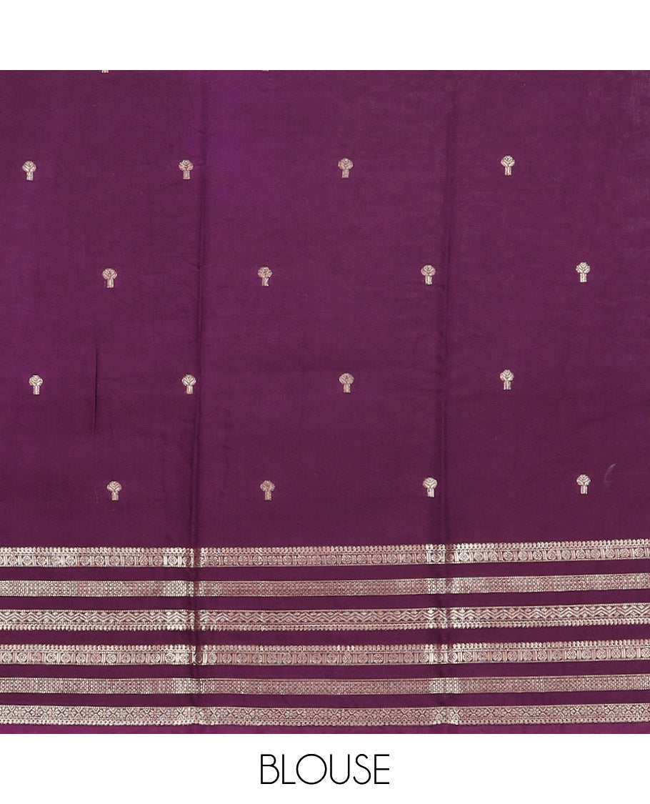 Leaf green zari buttas Assam silk saree, contrast traditional zari design border, and pallu of zari stripes and buttas