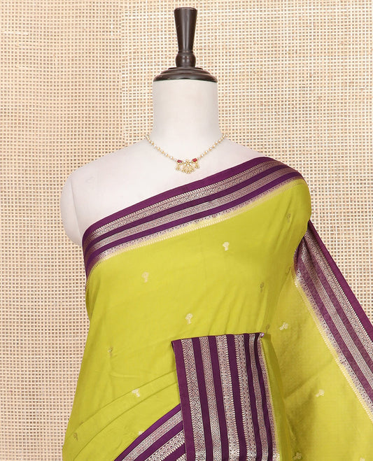 Leaf green zari buttas Assam silk saree, contrast traditional zari design border, and pallu of zari stripes and buttas