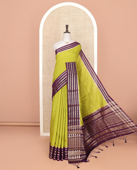 Leaf green zari buttas Assam silk saree, contrast traditional zari design border, and pallu of zari stripes and buttas