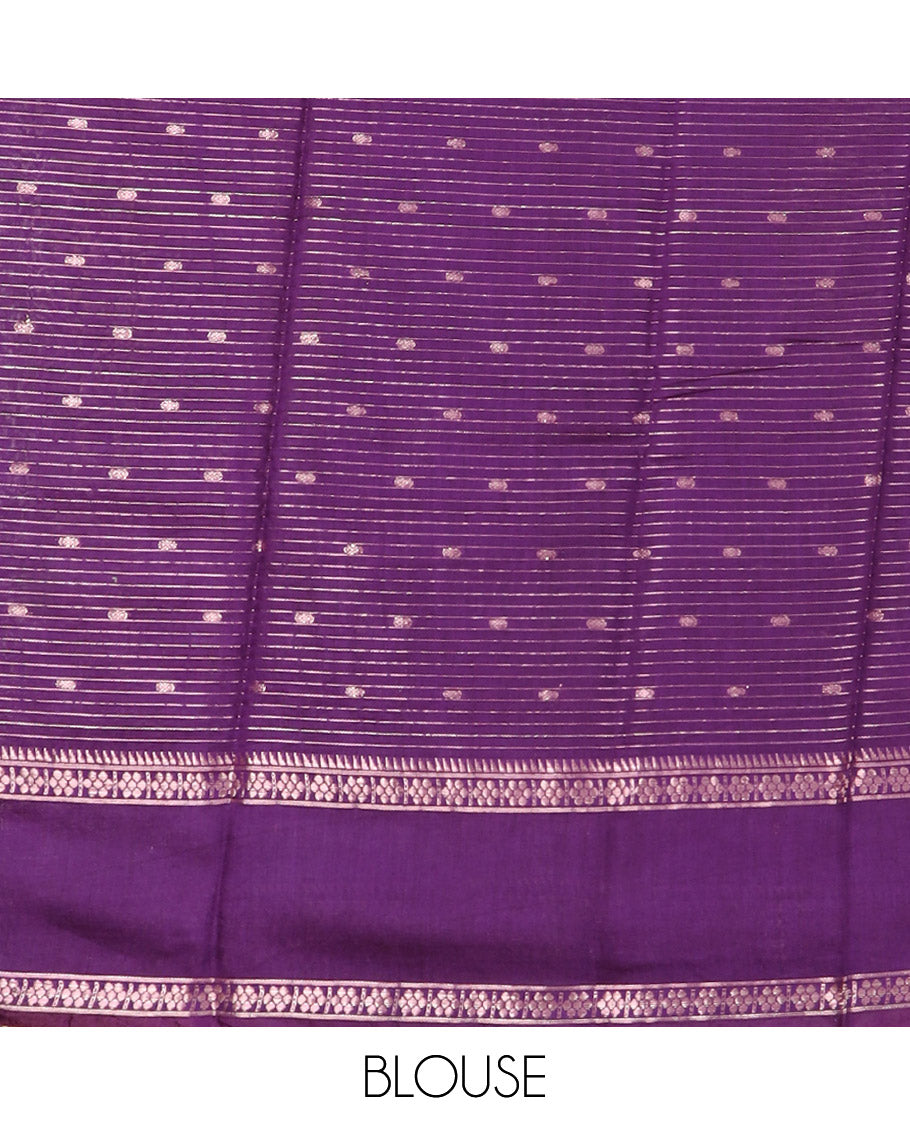 Lavender Assam Silk Saree Woven with Zari Buttas and Stripes, Complemented by a Contrast Traditional Zari  Design Border, a Captivating Pallu Featuring Zari Designs, and Paired with a Contrast Blouse