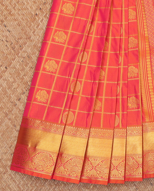 Pink Budget Silk Saree, Gleamed Up with Zari Butta Enclosed Checks, on Its Body, Complemented by Traditional Zari Design Border, a Gleaming Jaal Pallu, and Paired with a Matching Blouse