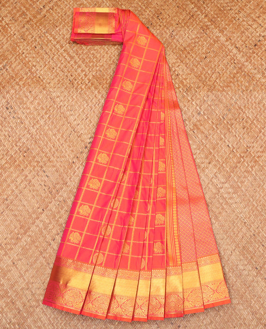 Pink Budget Silk Saree, Gleamed Up with Zari Butta Enclosed Checks, on Its Body, Complemented by Traditional Zari Design Border, a Gleaming Jaal Pallu, and Paired with a Matching Blouse