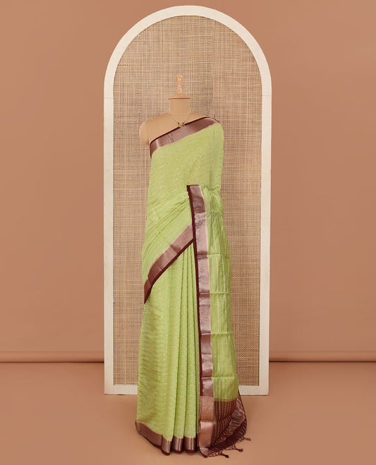 Green horizontal striped Assam cotton saree, contrast traditional zari border, and zari striped pallu