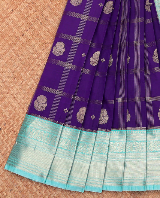 Violet Budget Silk Saree, Boldly Accentuated with Zari Buttas and Checks, Complemented by a Contrast Traditional Zari Border, Sparsely Woven Pallu, and Contrast Blouse