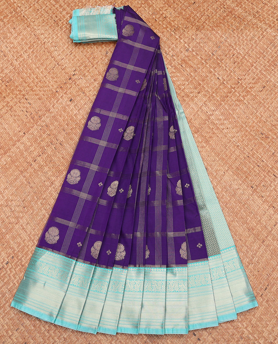 Violet Budget Silk Saree, Boldly Accentuated with Zari Buttas and Checks, Complemented by a Contrast Traditional Zari Border, Sparsely Woven Pallu, and Contrast Blouse
