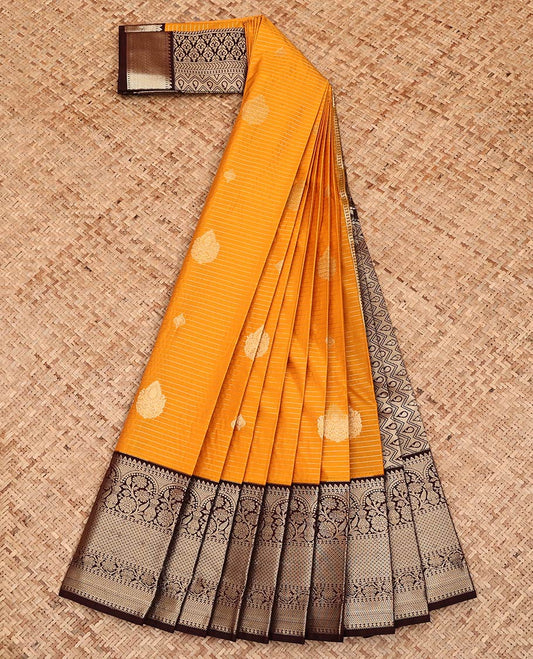 Orange Budget Silk Saree,  Accentuated with Zari Buttas and Stripes on Its Body, Complemented by a Contrast Traditional Zari Design Border, a Grand Pallu of Paisley and Chevron Designs, and Paired with a Contrast Blouse