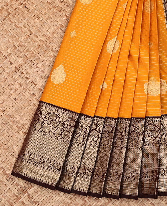 Orange Budget Silk Saree,  Accentuated with Zari Buttas and Stripes on Its Body, Complemented by a Contrast Traditional Zari Design Border, a Grand Pallu of Paisley and Chevron Designs, and Paired with a Contrast Blouse