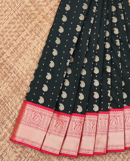 Black Budget Silk Saree, Prettified with Paisley Buttas All Over Its Body, Complemented by a Contrast Traditional Zari Border of Paisley Designs, Geometric Patterns Steeped Pallu, and Paired with a Contrast Blouse