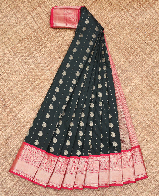 Black Budget Silk Saree, Prettified with Paisley Buttas All Over Its Body, Complemented by a Contrast Traditional Zari Border of Paisley Designs, Geometric Patterns Steeped Pallu, and Paired with a Contrast Blouse