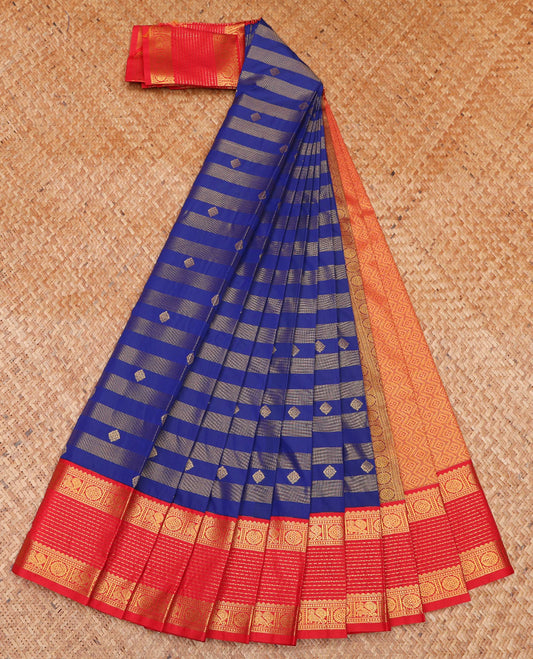 Royal Blue Budget Silk Saree, Elevated with Zari Buttas and Zari Stripes on Its Body, Complemented by a Contrast Traditional Zari Border of Peacock-Chakram Designs, Grand Jaal Pallu, and Paired with a Contrast Blouse