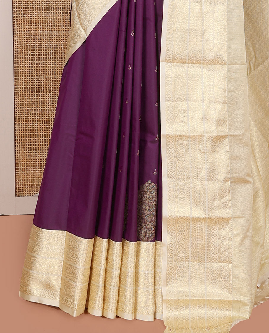 Purple Budget Silk Saree, Lightly Embellished with Zari Buttas on Its Body, Complemented by a Contrast Traditional Zari Design Border, Sparsely Woven Pallu, and Paired with a Contrast Blouse