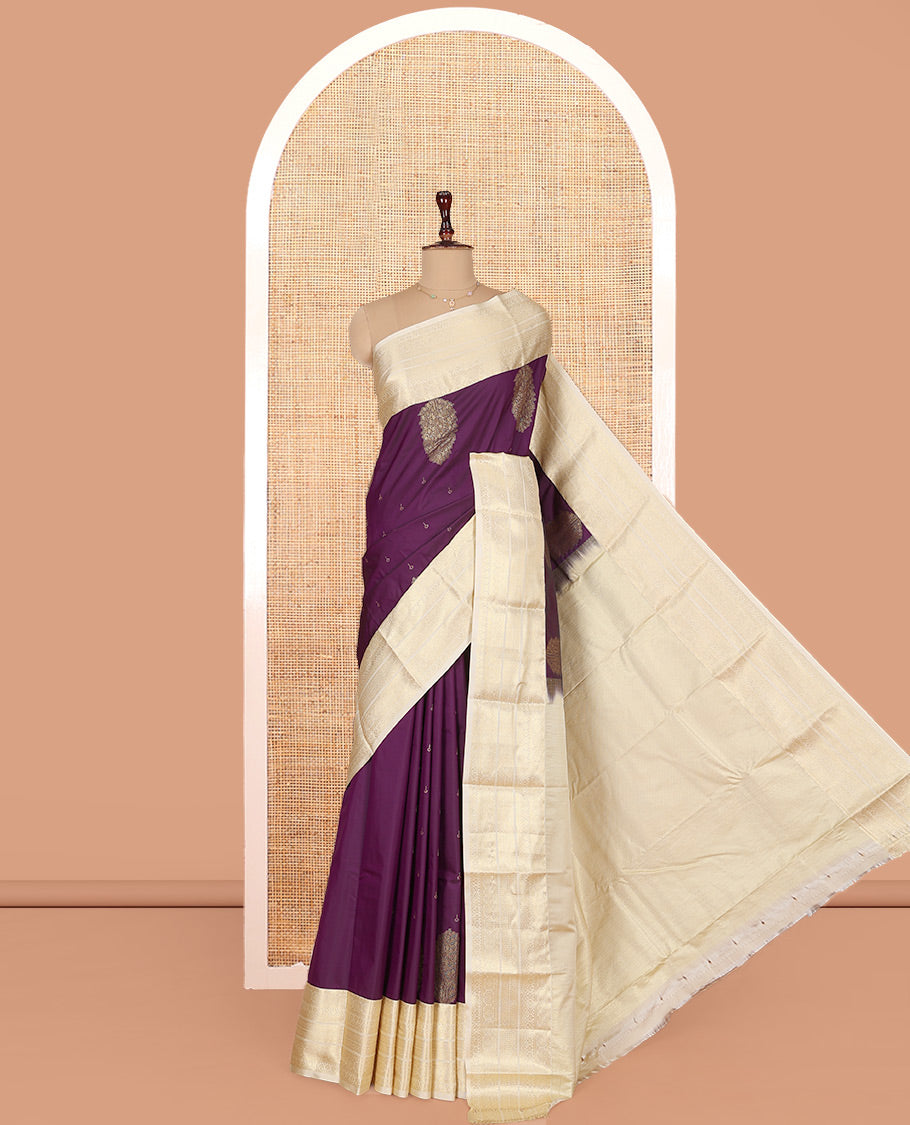 Purple Budget Silk Saree, Lightly Embellished with Zari Buttas on Its Body, Complemented by a Contrast Traditional Zari Design Border, Sparsely Woven Pallu, and Paired with a Contrast Blouse