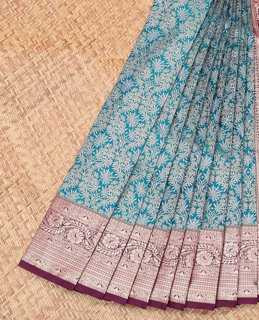 Blue Budget Silk Saree, Delicately Woven  with Jacquard Design, Complemented by Contrast Traditional Zari Border, a Grand Pallu and a Contrast Blouse