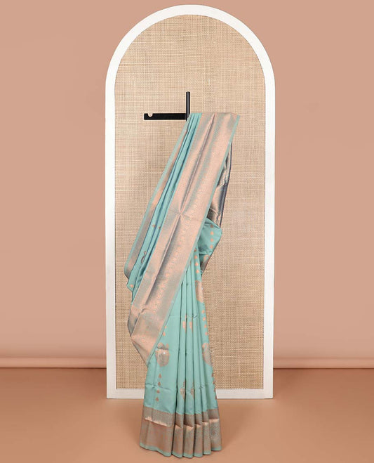 Cyan floral motifs butter silk saree with self intricate zari design border & intricate floral design pallu