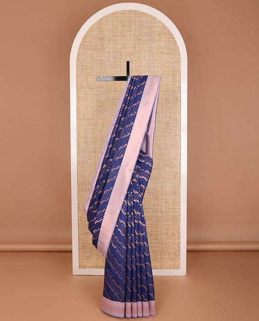 Navy blue butter silk saree with floral zari designs, contrast traditional zari design & jaal pallu
