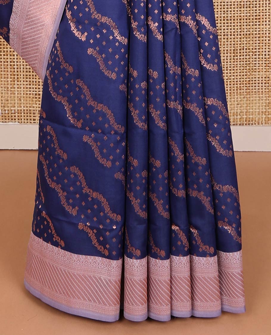 Navy blue butter silk saree with floral zari designs, contrast traditional zari design & jaal pallu
