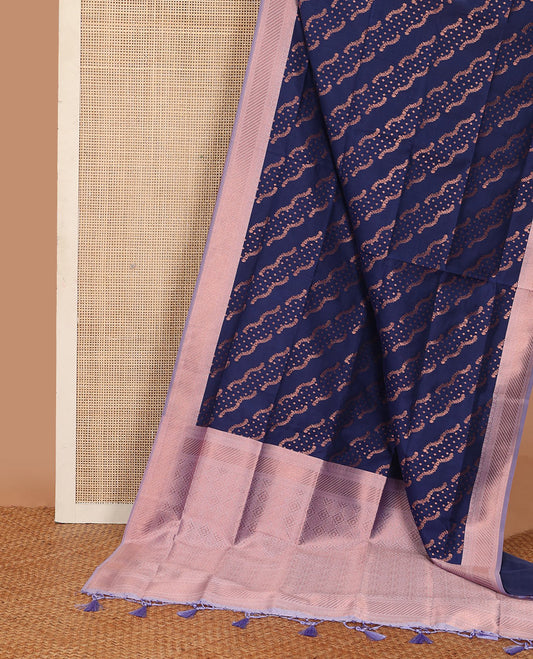 Navy blue butter silk saree with floral zari designs, contrast traditional zari design & jaal pallu
