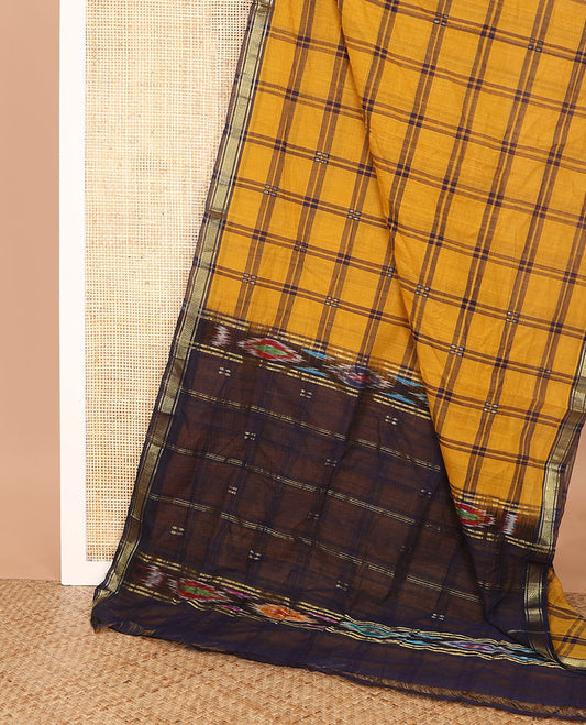 Yellow checked Andhra cotton saree, contrast zari border, and pallu of checks and ikkat designs