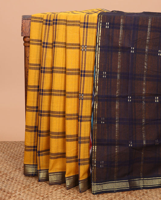 Yellow checked Andhra cotton saree, contrast zari border, and pallu of checks and ikkat designs