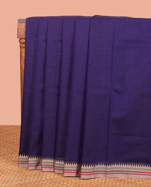 Blue Plain Narayanpet Cotton Saree, Complemented by a Contrast Traditional Thread Border, Vibrantly Striped Pallu, and Paired with a Matching Blouse