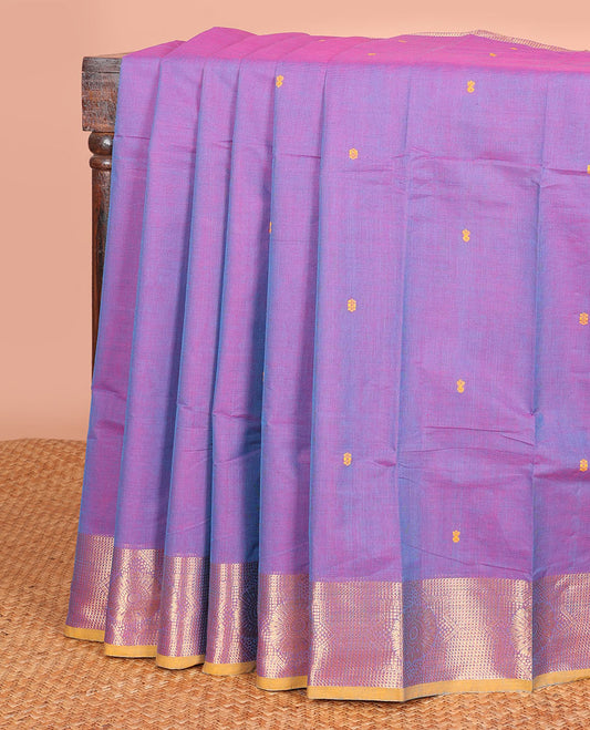 Violet Chettinad Cotton Saree with Thread Buttas All Over Its Body, Complemented by a Contrast Chakram Zari Border, and a Pallu of Buttas