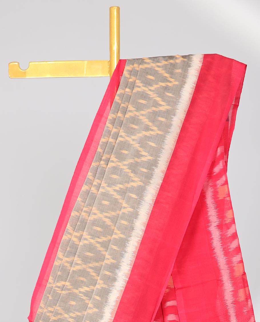 Grey aryle design ikkat cotton sare with contrat plain border & gemonetric design pallu