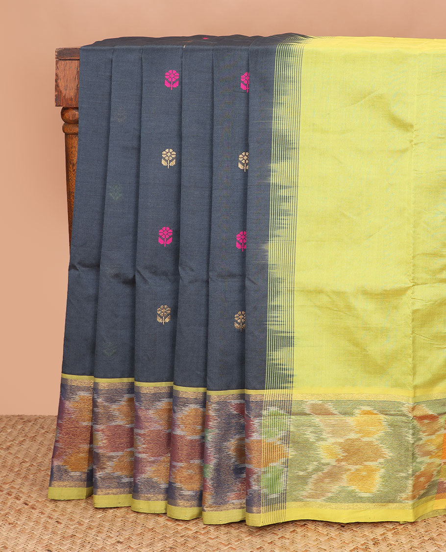 Black thread buttas poly cotton saree, contrast ikkat butterflies, and pallu of buttas and stripes