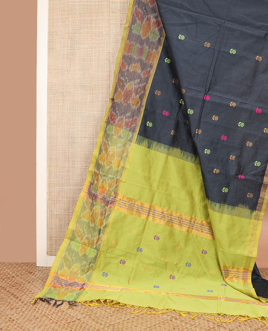 Black thread buttas poly cotton saree, contrast ikkat butterflies, and pallu of buttas and stripes