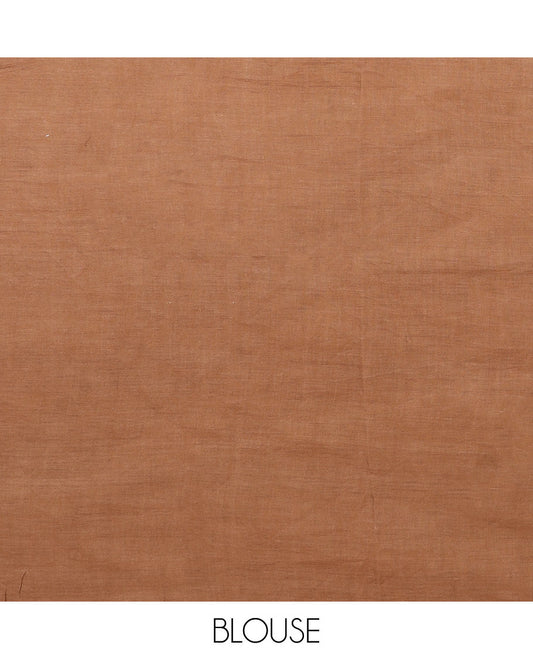 Brown plain and uniquely printed mixed cotton saree, self-border, and leaf motifs printed pallu