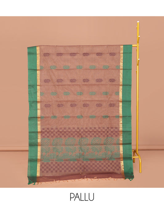 Brown Kanchi Cotton Saree, Bedecked with Buttas All Over Its Body, Complemented by a Contrast Border, Pallu of Paisley, Floral and Checks, and Paired with a Matching Blouse