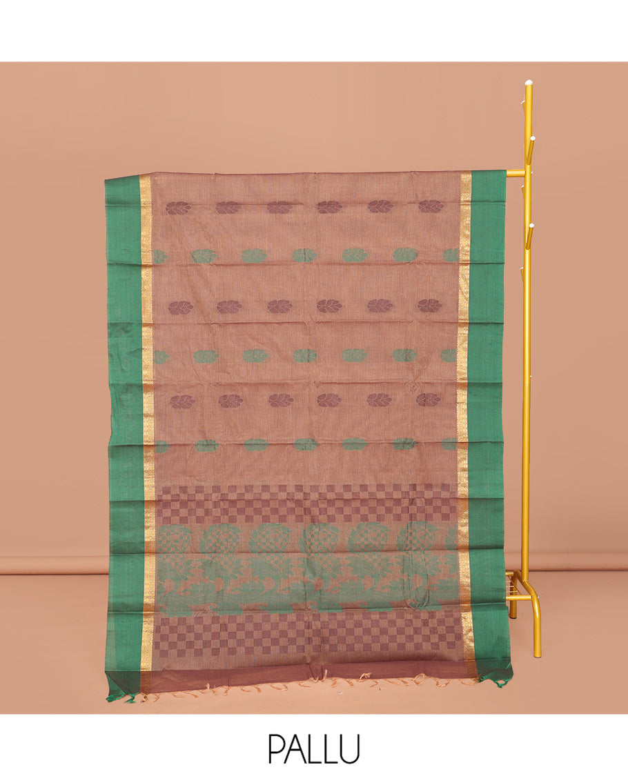 Brown Kanchi Cotton Saree, Bedecked with Buttas All Over Its Body, Complemented by a Contrast Border, Pallu of Paisley, Floral and Checks, and Paired with a Matching Blouse