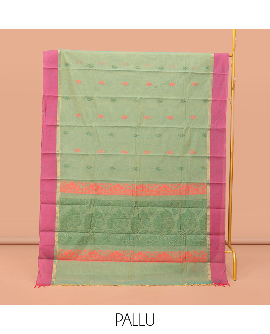 Green Kanchi Cotton Saree, Ornamented with Buttas, Contrast Border, Pallu of Floral Design, and a Matching Blouse