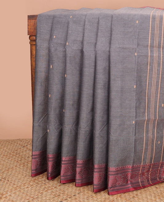 Dark grey floral butta bengal cotton saree with contrast floral design border & striped, motifs pallu