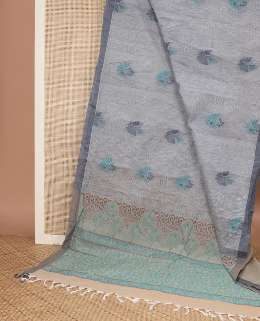Grey floral motifs Coimbatore cotton saree, contrast plain border & pallu of floral designs