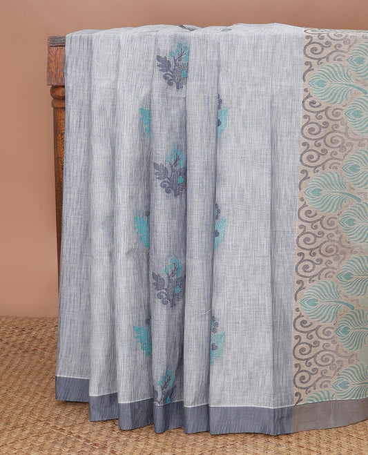 Grey floral motifs Coimbatore cotton saree, contrast plain border & pallu of floral designs