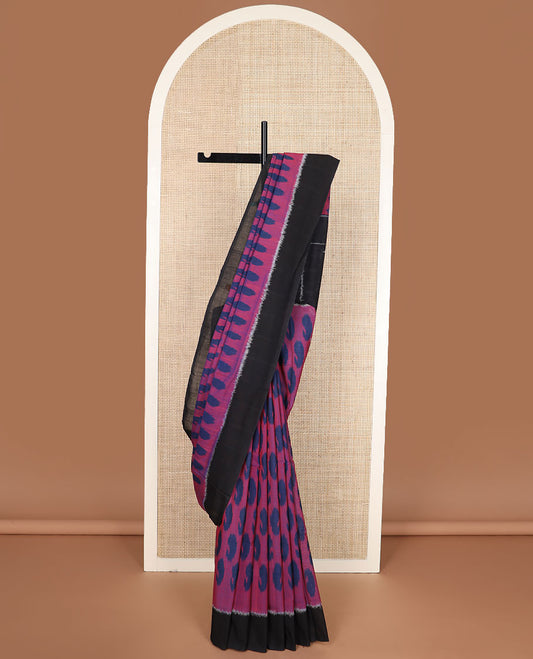 Pink paisley buttas ikkat cotton saree, contrast plain border & pallu of buttas