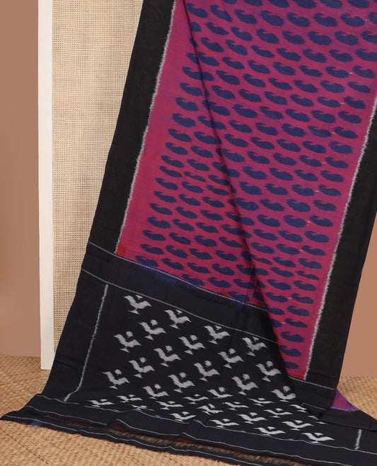 Pink paisley buttas ikkat cotton saree, contrast plain border & pallu of buttas