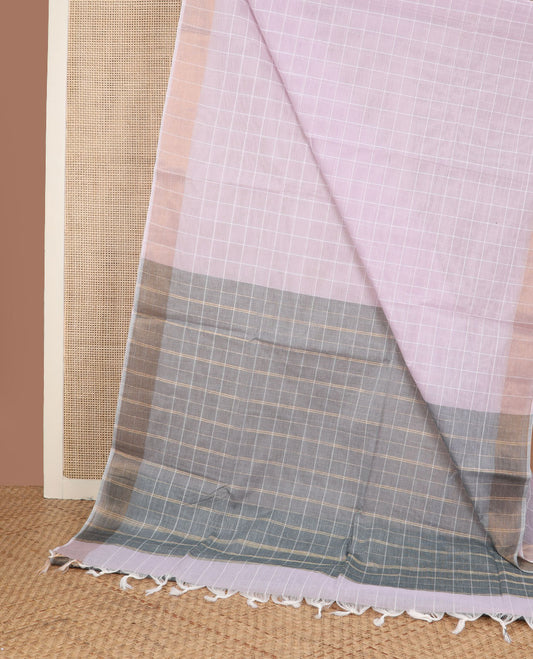 Pastel purple checked design  jute cotton saree, zari border & contrast striped pallu