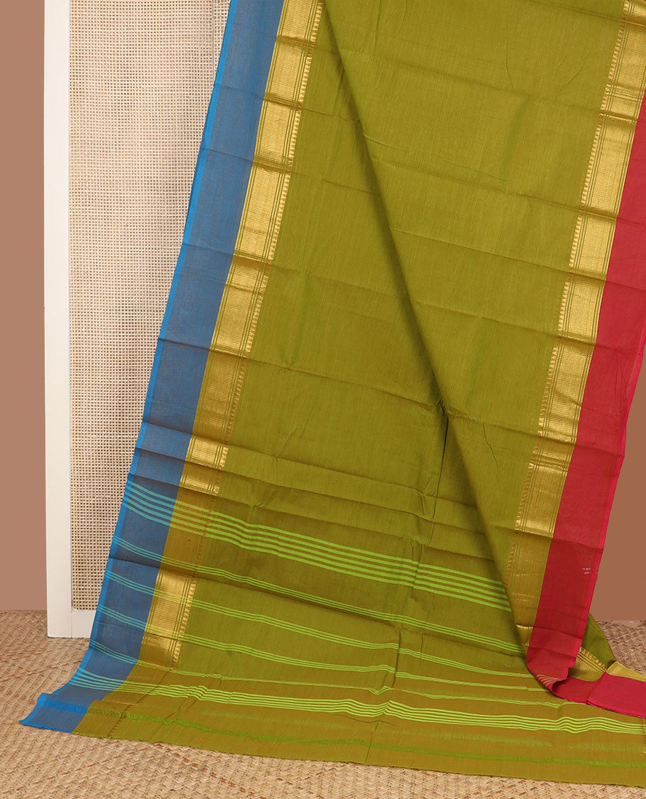 Green plain Chettinad cotton saree, contrast traditional zari design ganga jamuna border & pallu of stripes