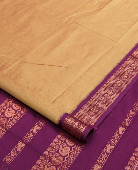 Sandal zari buttas nine-yard cotton saree, contrast zari border, and pallu steeped with traditional motifs