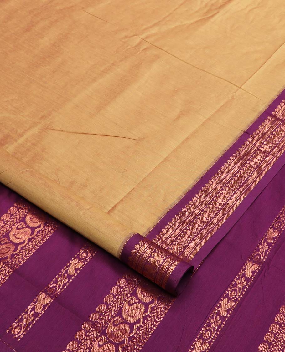 Sandal zari buttas nine-yard cotton saree, contrast zari border, and pallu steeped with traditional motifs