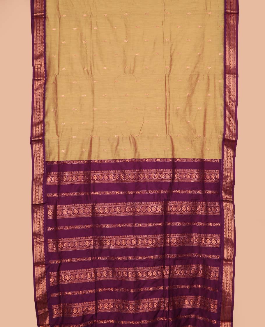 Sandal zari buttas nine-yard cotton saree, contrast zari border, and pallu steeped with traditional motifs