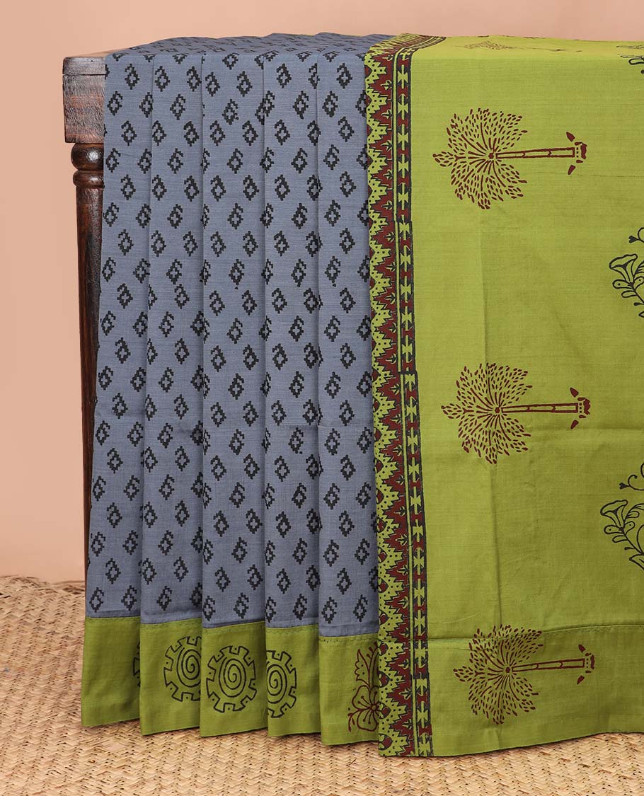 Grey motifs printed poly cotton saree, contrast block printed border, and pallu