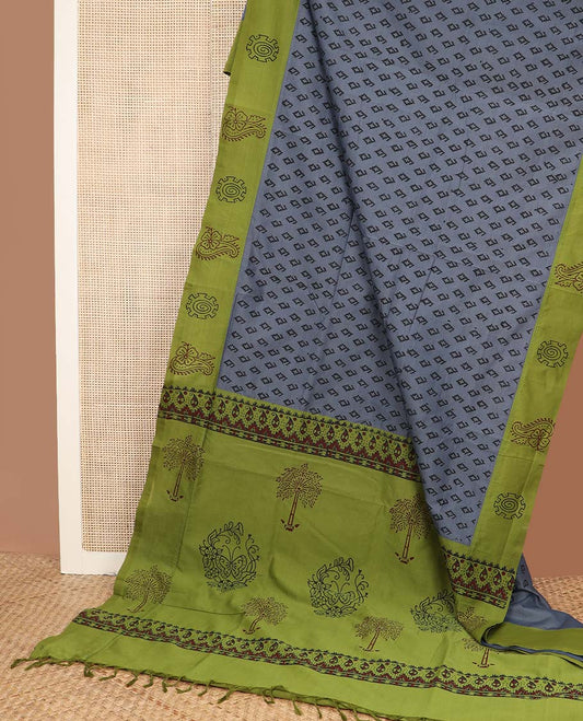Grey motifs printed poly cotton saree, contrast block printed border, and pallu