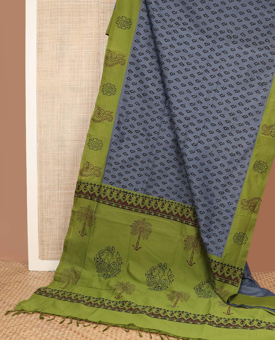 Grey motifs printed poly cotton saree, contrast block printed border, and pallu