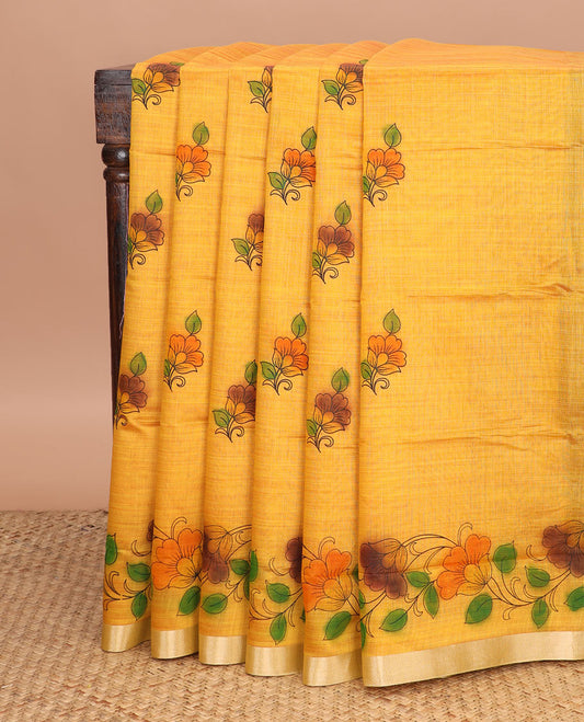 Yellow floral buttas printed chirala cotton saree, bavanji border, and contrast bird print pallu