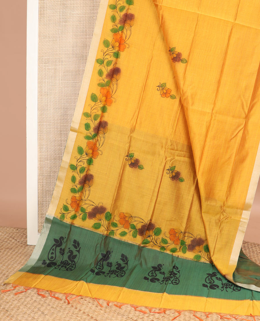 Yellow floral buttas printed chirala cotton saree, bavanji border, and contrast bird print pallu
