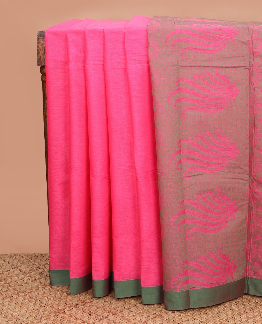 Pink buttas kanchi cotton saree, contrast border, and floral design pallu